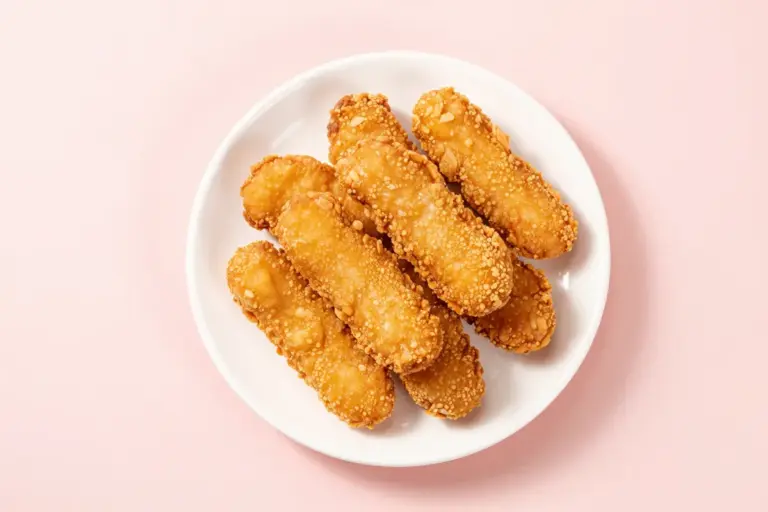 Golden-brown buttermilk chicken tenders with craggy crisp coating piled on a white ceramic plate.