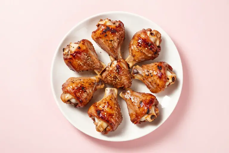 Eight roasted buttermilk chicken thighs with deeply browned, glossy herb-flecked skin on a white plate.