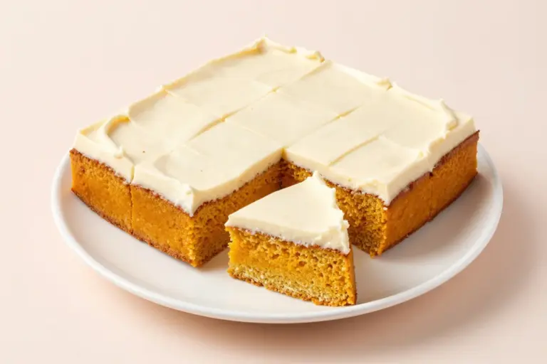 Butternut squash cake squares with maple cream cheese frosting on a white plate against a pastel-blush background.