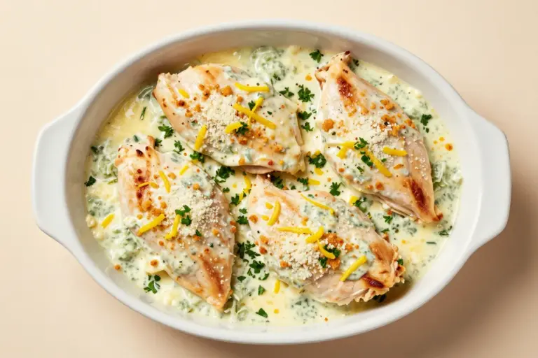 Whole Caesar chicken bake in a white dish with creamy dressing, melted mozzarella and Parmesan, crouton crumble, lemon zest, and parsley.