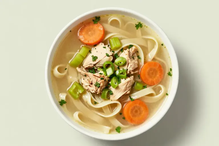 Cajun chicken noodle soup with egg noodles, chicken, carrots, celery, bell pepper, parsley, and green onion.