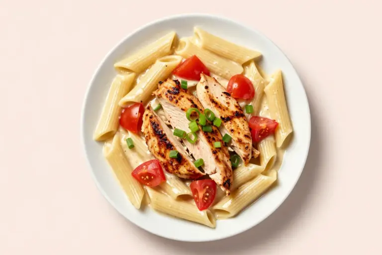 Cajun chicken pasta with ridged penne, sliced seared chicken, tomatoes, green onions, and glossy Parmesan cream sauce.