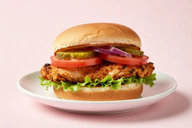 A Cajun chicken sandwich on a toasted brioche bun with lettuce, tomato, pickles, red onion, and paprika-crusted chicken.