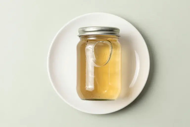 A sealed wide-mouth jar of clear golden chicken broth on a white ceramic plate.
