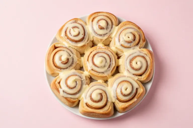Carrot cake cinnamon rolls arranged on a white plate, topped with thick cream cheese frosting.