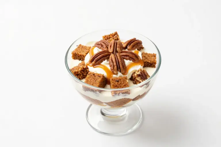Carrot cake trifle layers with whipped cream cheese filling, toasted pecans, and caramel drizzle in a glass bowl.