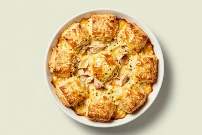 Golden cheddar biscuits top a creamy chicken and vegetable pot pie casserole on a white plate.