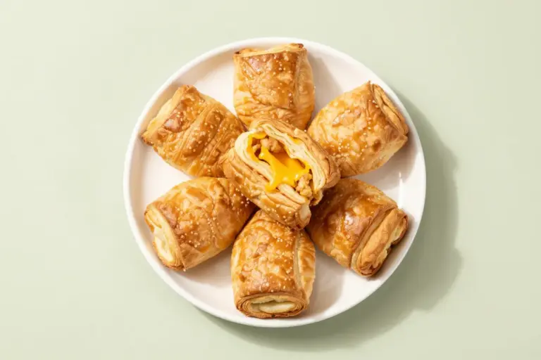 Cheesy chicken crescent rolls stacked on a white plate, with flaky pastry and melted cheddar showing
