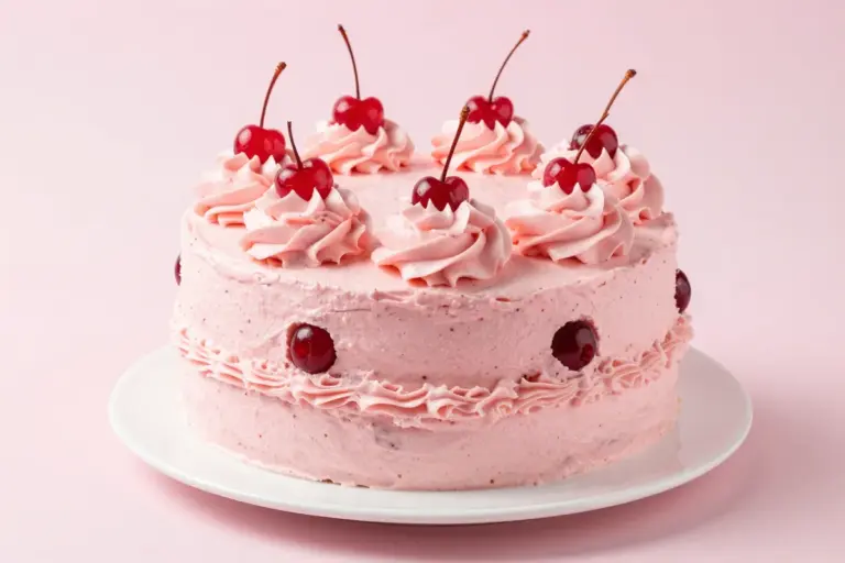A fully frosted pink cherry chip layer cake on a white ceramic plate
