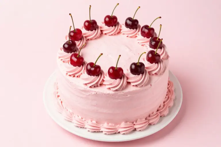 Cherry chip cake recipe featuring a two-layer cake with pink buttercream and a ring of whole maraschino cherries.
