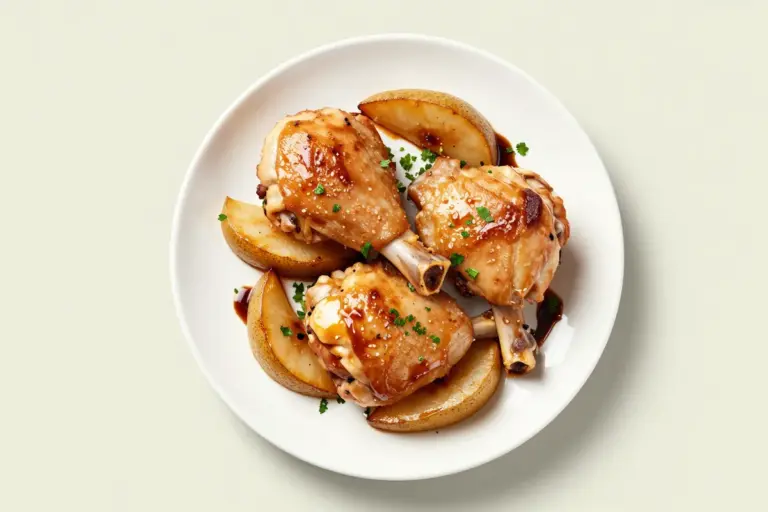 Chicken and pear recipe with golden boneless thighs, caramelized pear wedges, balsamic sauce, and parsley on a white plate.