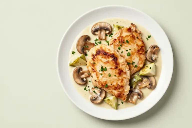 Chicken artichoke mushroom recipe with golden cutlets, creamy Parmesan sauce, browned mushrooms, artichoke hearts, and parsley