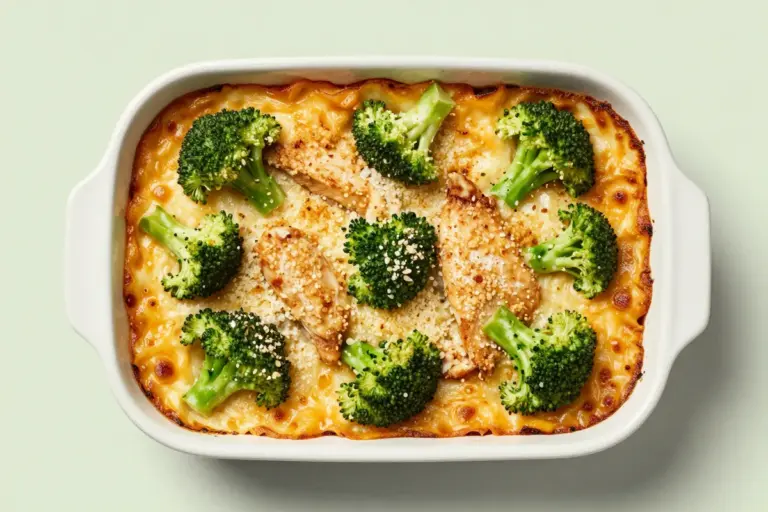Golden-brown chicken broccoli casserole with cheddar, green broccoli florets, and crisp Parmesan-panko topping in a white baking dish.