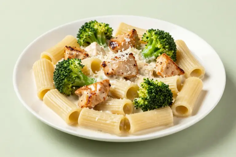Creamy chicken broccoli ziti with browned chicken, green broccoli, tubular pasta, and grated Parmesan on a white plate.