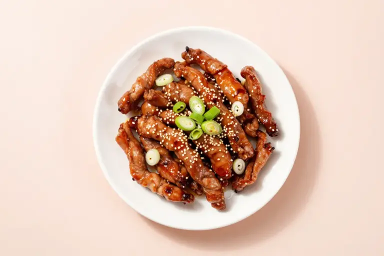Bulgogi chicken recipe Korean-style with glossy caramelized strips, scallions, and sesame seeds on a white plate.