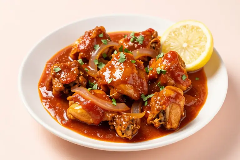 Chicken curry without coconut milk with tender thigh pieces in glossy tomato-onion gravy, cilantro, and lemon