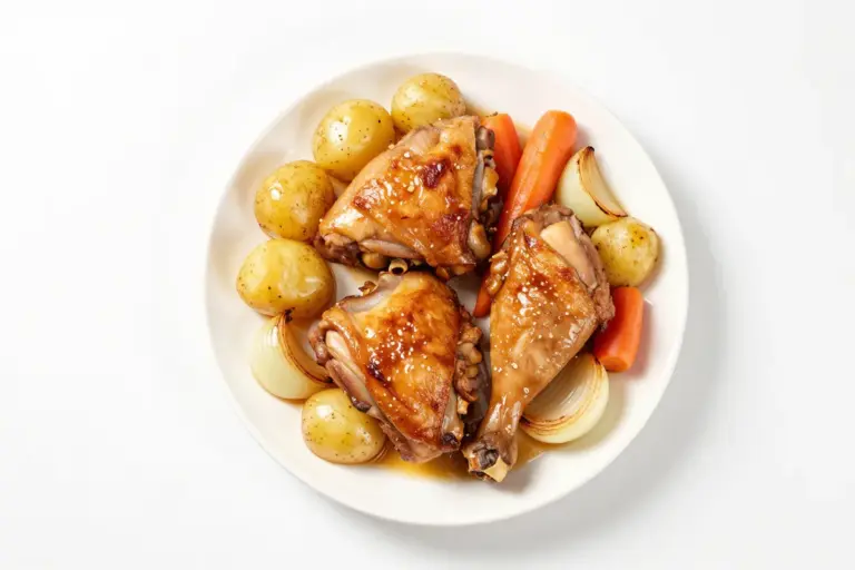 Roasted chicken thighs and drumsticks with baby potatoes, carrots, and onions on a white plate
