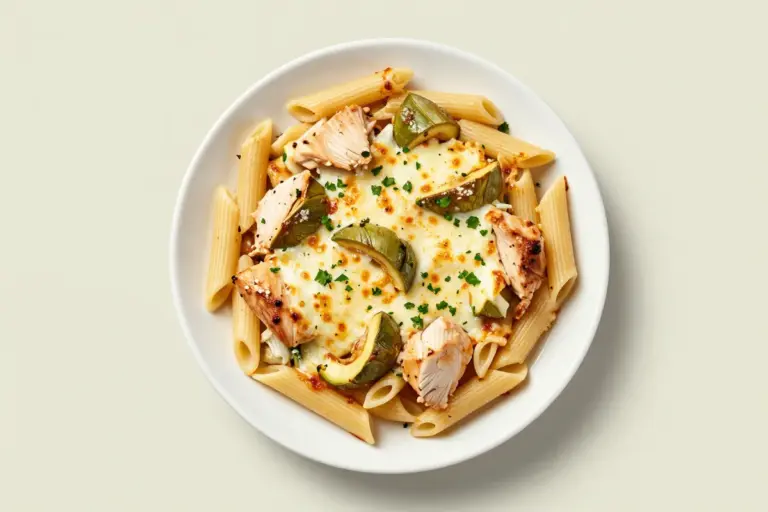 Baked chicken and artichoke penne with bubbling mozzarella-Parmesan topping and parsley on a white plate