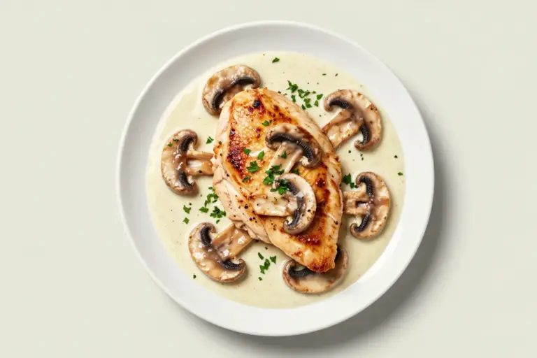 Creamy chicken portabella mushroom skillet with browned chicken, sliced mushrooms, parsley, and glossy sauce on a white plate.