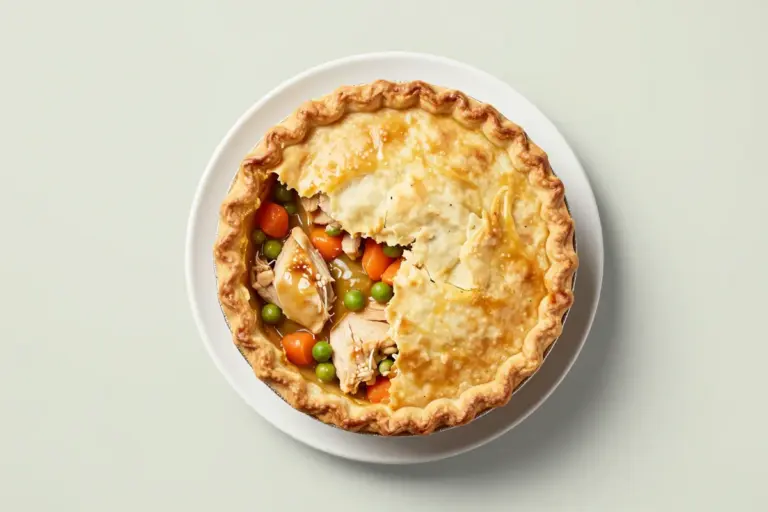 Golden flaky chicken pot pie crust cracked open to reveal glossy filling with peas and carrots