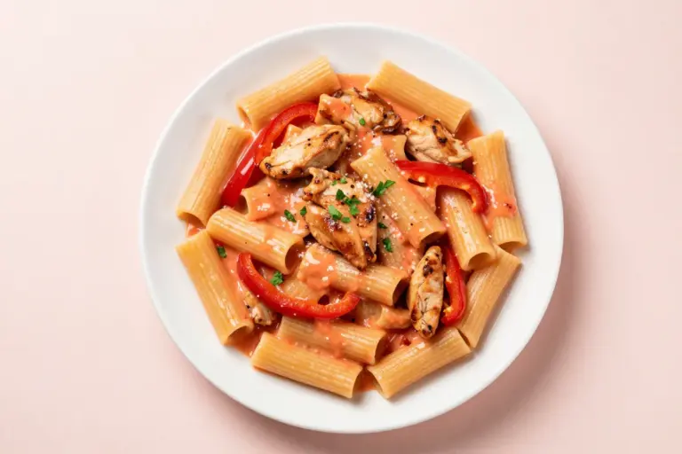 Chicken rigatoni in glossy pink-orange tomato-cream sauce with browned chicken, peppers, Romano, and parsley