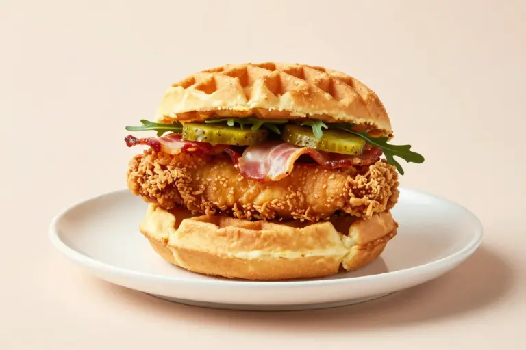 Chicken and waffles sandwich with fried chicken, bacon, pickles, and arugula between golden waffle buns.
