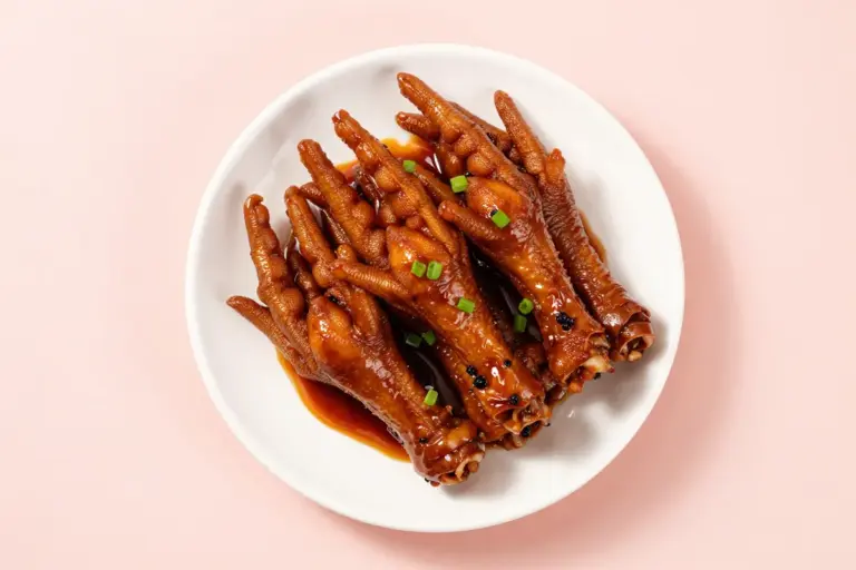 Glossy braised chicken feet in fermented black-bean sauce, topped with fine scallion greens.