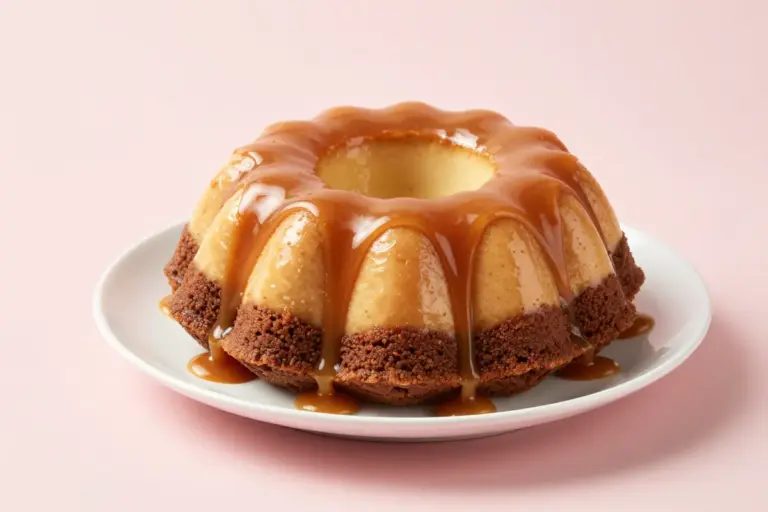 Whole chocoflan Bundt cake with pale flan and glossy cajeta dripping over chocolate cake sides