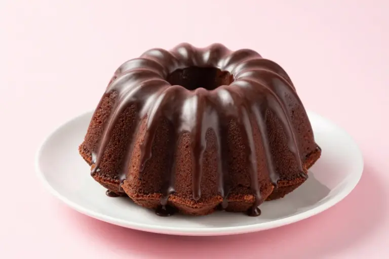 Chocolate bomb cake with glossy ganache cascading over ridged Bundt grooves on a white plate
