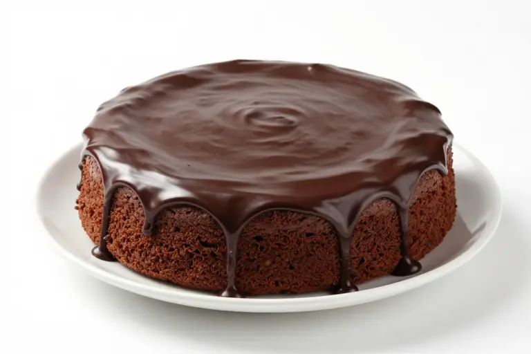 A whole brownie cake on a white ceramic plate, topped with glossy chocolate ganache cascading down the sides.