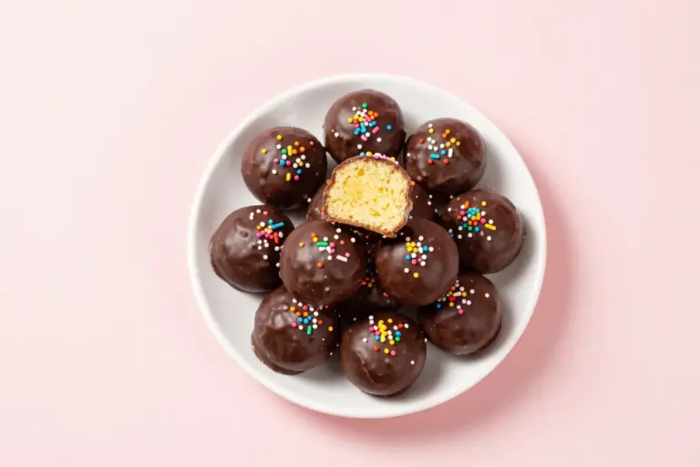 Chocolate cake balls with rainbow sprinkles, including one cut open to show a moist golden cake center.