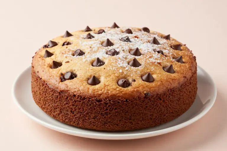 Whole chocolate chip cake on a white plate, topped with confectioners' sugar and melted semisweet chocolate chips.
