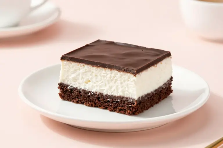 Sliced square of chocolate coconut bar cake with white filling and glossy ganache on a white plate