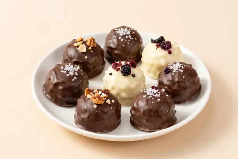 Chocolate rice cakes on a white plate with dark and milk chocolate coatings, sea salt, nuts, and crushed berries.