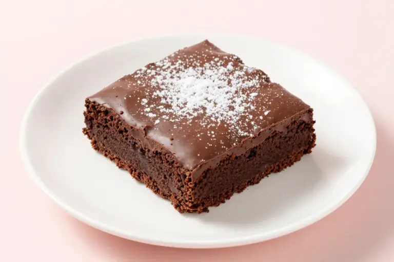 Chocolate mayonnaise cake square on a white plate, lightly dusted with confectioners' sugar.