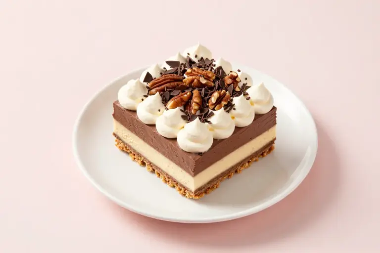 Chocolate slush cake square with pecan crust, cream cheese, chocolate pudding, whipped topping, pecans, and chocolate shavings.