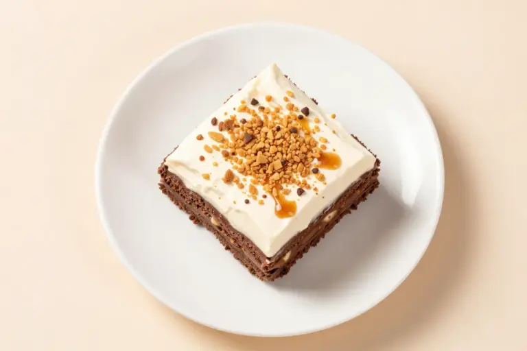 Chilled chocolate poke cake square with whipped topping, caramel pockets, and crushed toffee on a white plate