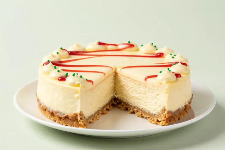 Christmas tree cake cheesecake sliced to show vanilla cake pieces in creamy custard, white ganache, and holiday sprinkles.