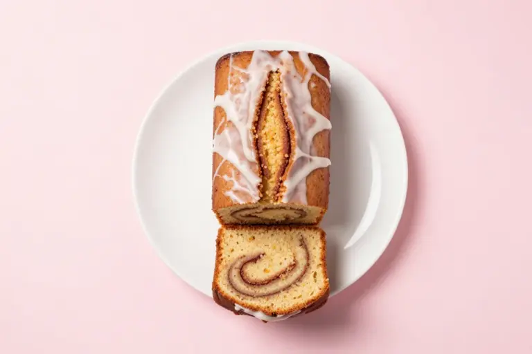 Recipe for cinnamon pound cake loaf sliced on a white plate with a cinnamon swirl and vanilla glaze