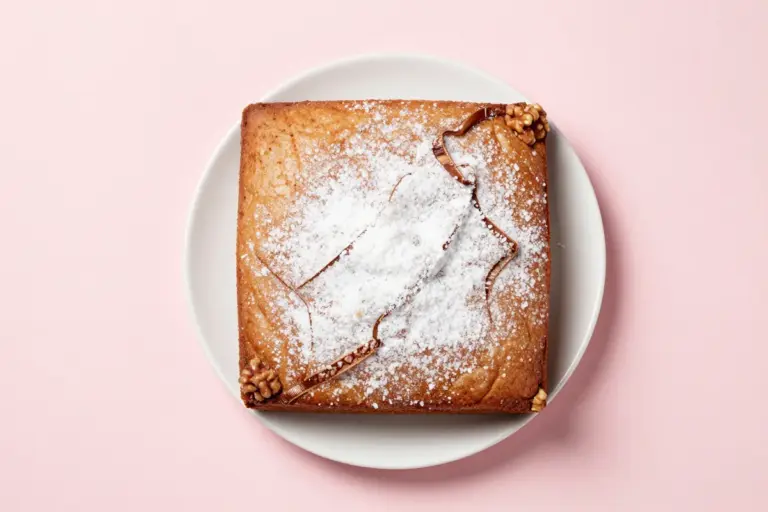 Cinnamon walnut cake dusted with confectioners' sugar on a white plate against a pale pink backdrop.