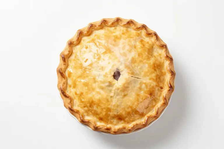 Golden-brown double-crust chicken pot pie in a white ceramic dish with three steam vents