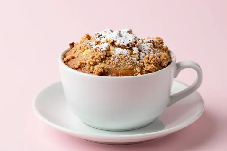 Single-serving vanilla-cinnamon coffee cake in a white mug with brown-sugar streusel and powdered sugar