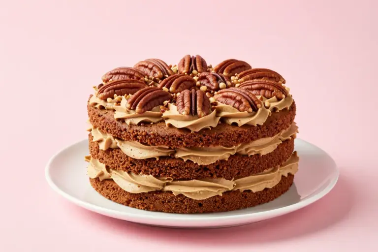 Two-layer coffee and pecan cake with swirled coffee buttercream and toasted pecan halves on a white plate.