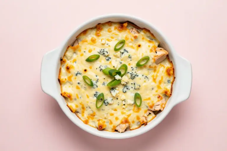 Baked buffalo chicken dip with bubbling cheese, green onion slices, and blue cheese crumbles in a white dish