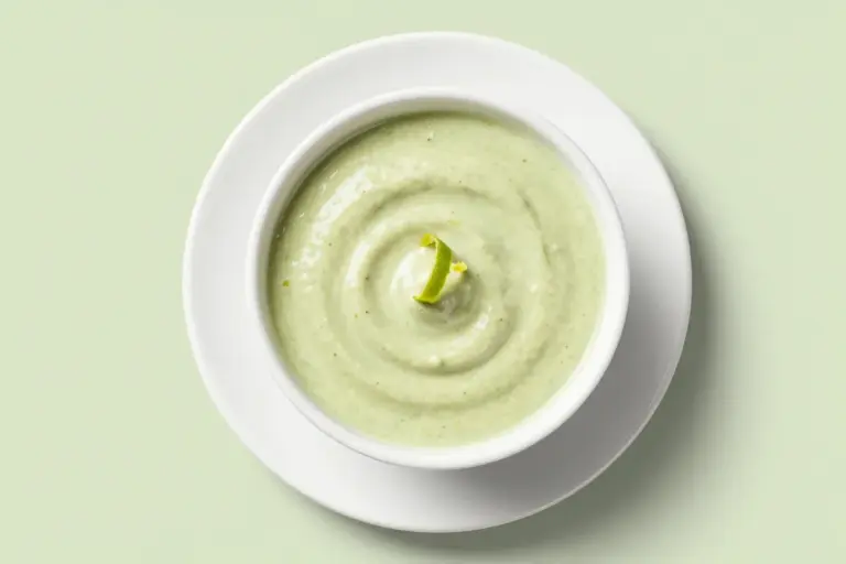 Smooth pale-green avocado lime ranch dressing in a shallow white bowl on a ceramic plate