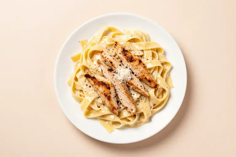 Chicken fettuccine Alfredo with glossy Parmesan sauce, seared chicken strips, cracked black pepper, and grated Parmesan