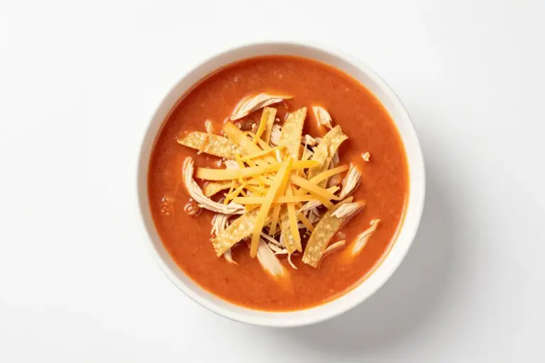 Creamy chicken tortilla soup in a white bowl, with visible shredded chicken, cheddar, and golden tortilla strips.