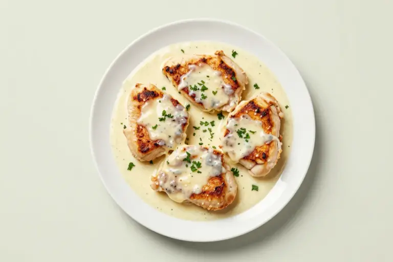 Four golden-seared chicken cutlets in glossy garlic-herb cheese sauce with chopped parsley on a white plate