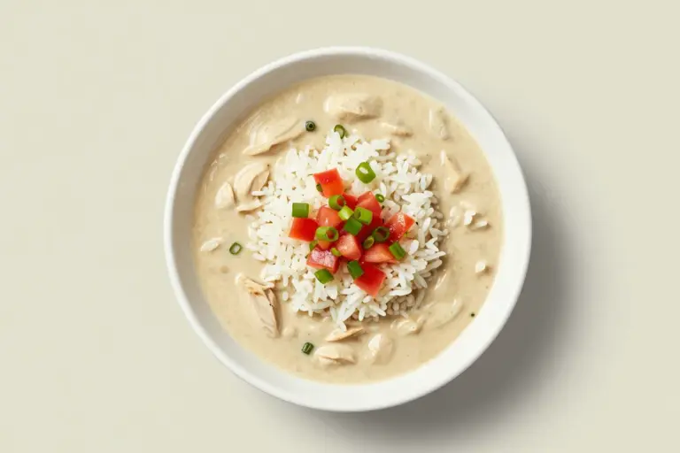 Creamy white chicken chili with rice, pico de gallo, and sliced green onions in a white bowl.