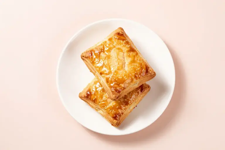 Two golden-brown crescent chicken squares stacked on a white plate against a pale blush background.